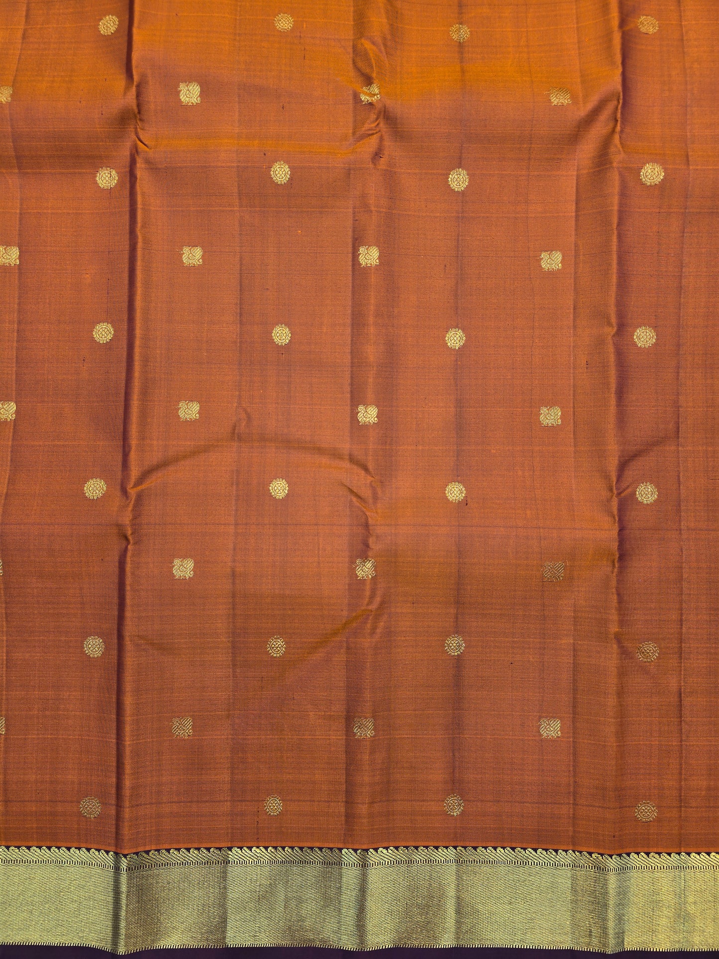 Kanchipuram Silk Saree Rust Orange with Purple Contrast Pallu & Zari Buttas Traditional Wear