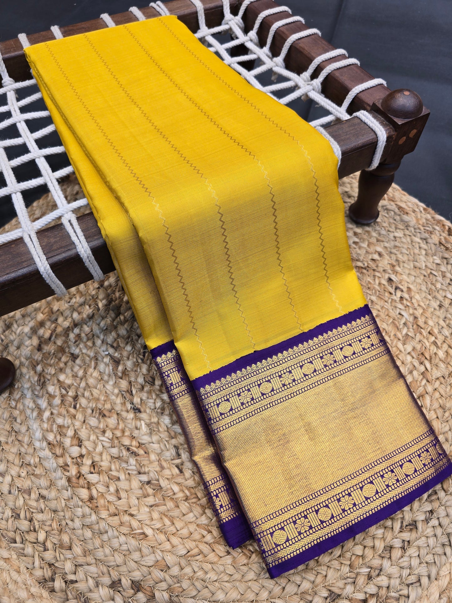 Kanchipuram Silk Saree Mustard Yellow with Purple Contrast Pallu & Zari Border Bridal Wear