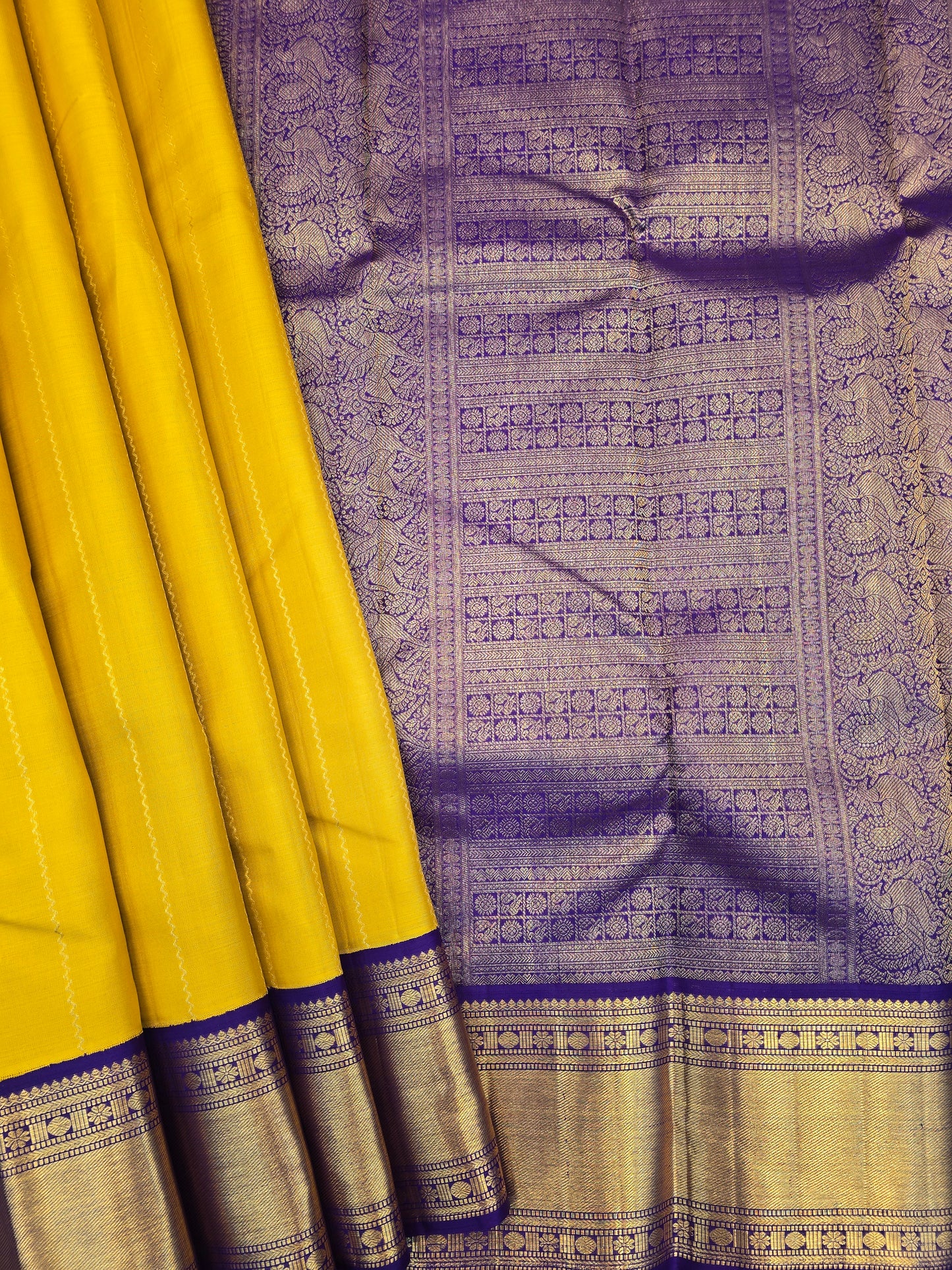 Kanchipuram Silk Saree Mustard Yellow with Purple Contrast Pallu & Zari Border Bridal Wear