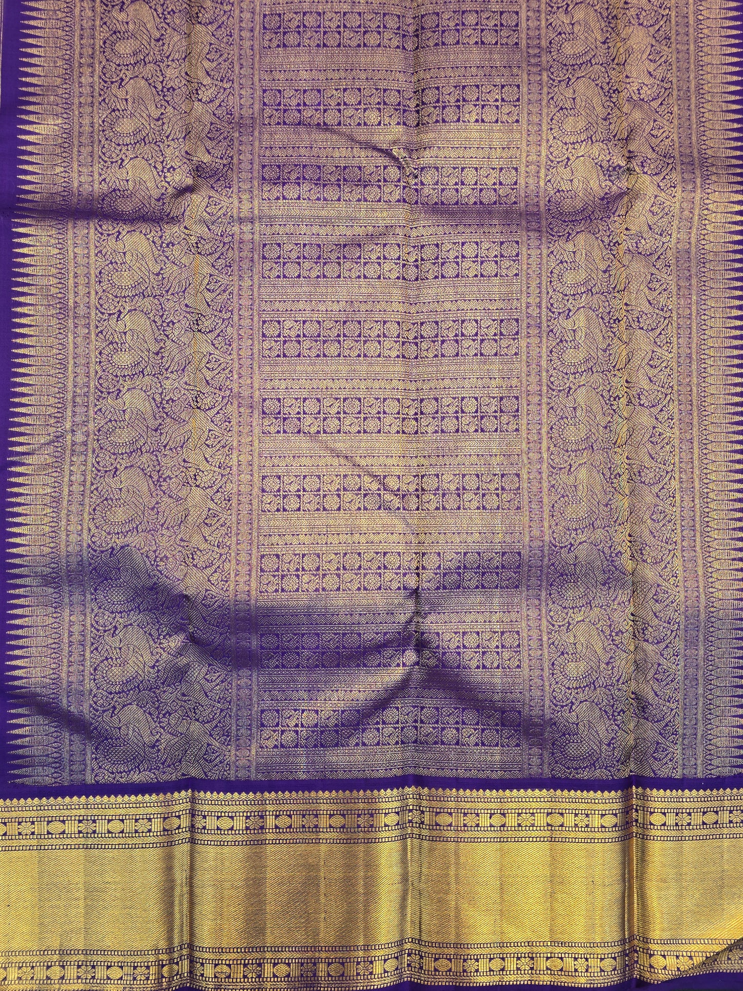 Kanchipuram Silk Saree Mustard Yellow with Purple Contrast Pallu & Zari Border Bridal Wear
