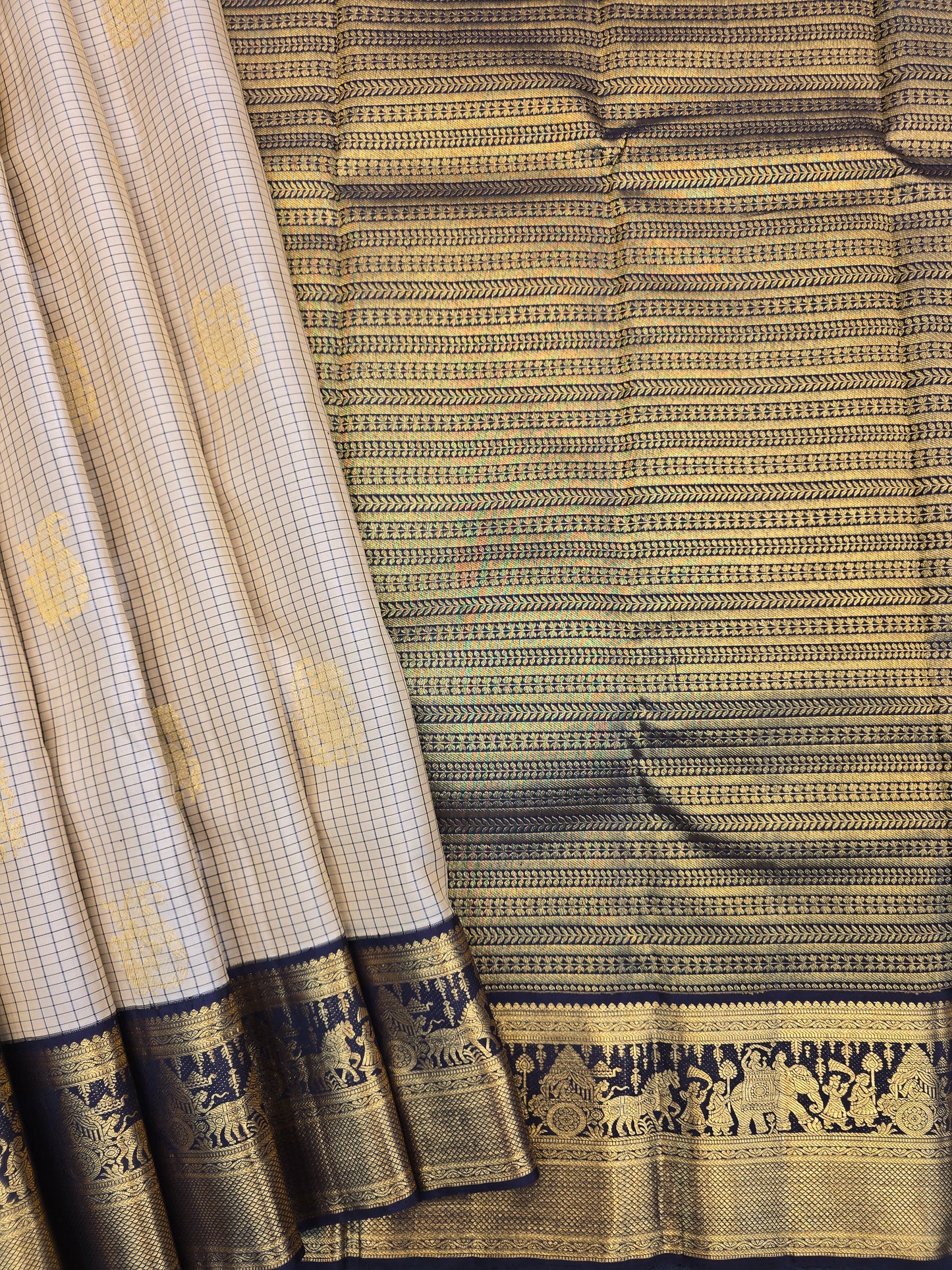 Kanchipuram Silk Saree Off White with Navy Blue Border Traditional Bridal Saree