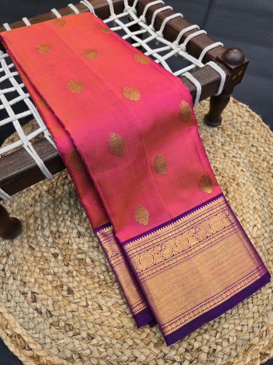 Kanchipuram Silk Saree Pink with Purple Border Bridal Traditional Saree