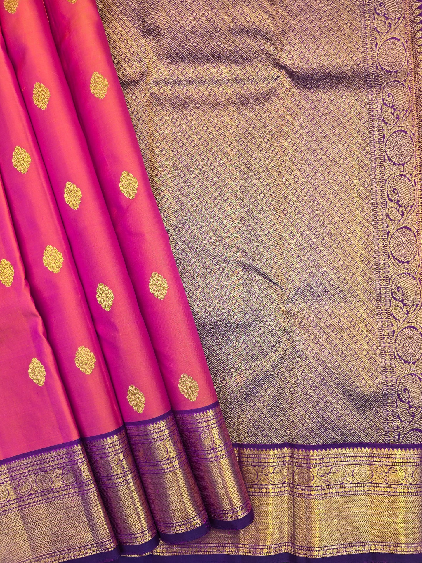 Kanchipuram Silk Saree Pink with Purple Border Bridal Traditional Saree