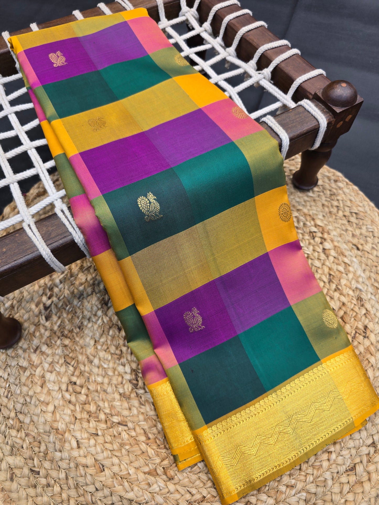 Kanchipuram Silk Saree Mustard Gold with Multi Color Border Bridal Traditional Saree