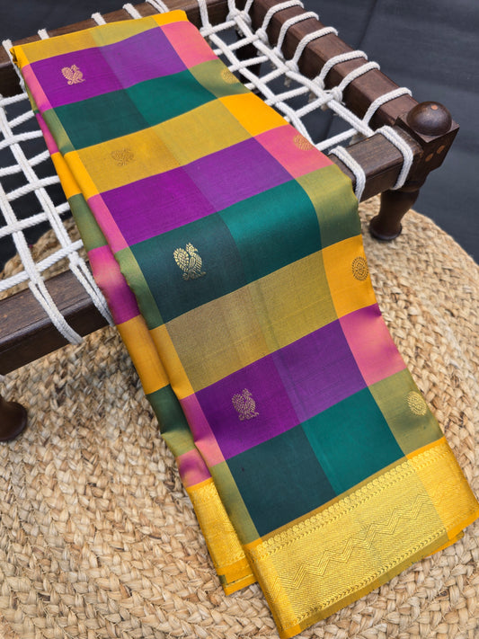 Kanchipuram Silk Saree Mustard Gold with Multi Color Border Bridal Traditional Saree