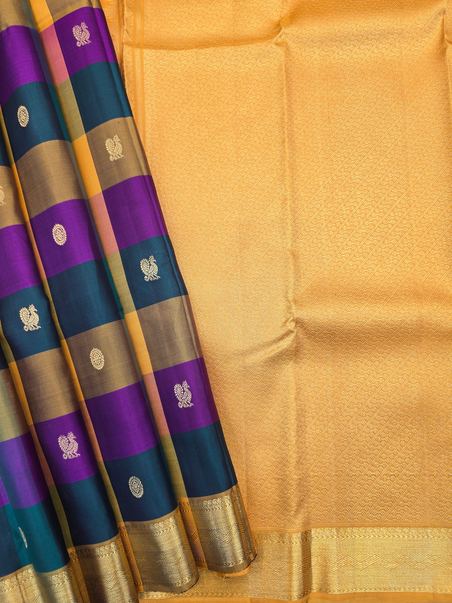 Kanchipuram Silk Saree Mustard Gold with Multi Color Border Bridal Traditional Saree