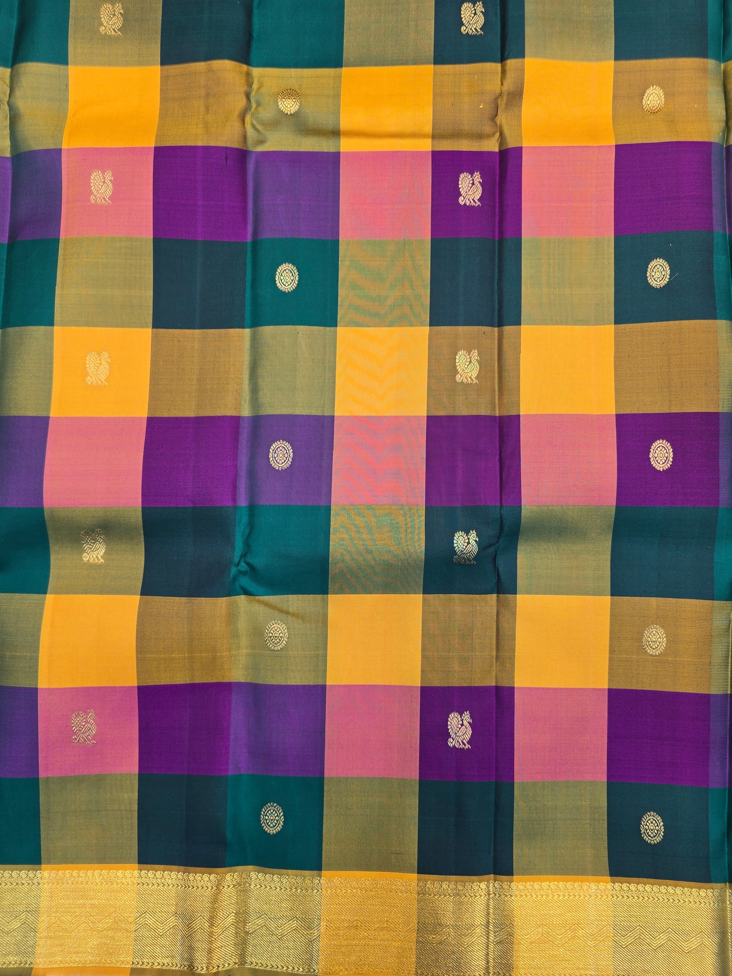 Kanchipuram Silk Saree Mustard Gold with Multi Color Border Bridal Traditional Saree