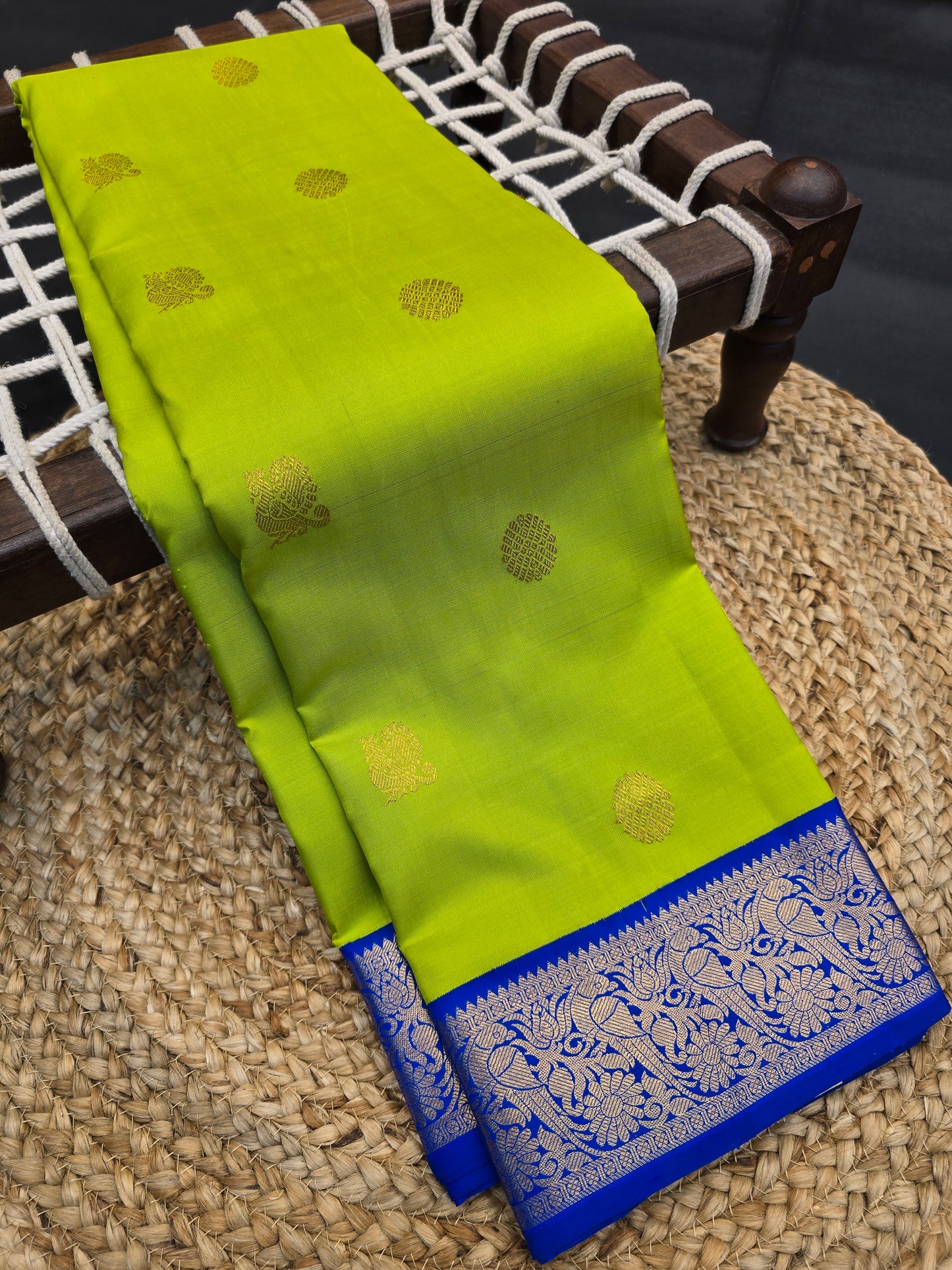 Parrot Green Kanchipuram Silk Saree with Royal Blue Border Zari Pallu Bridal Saree