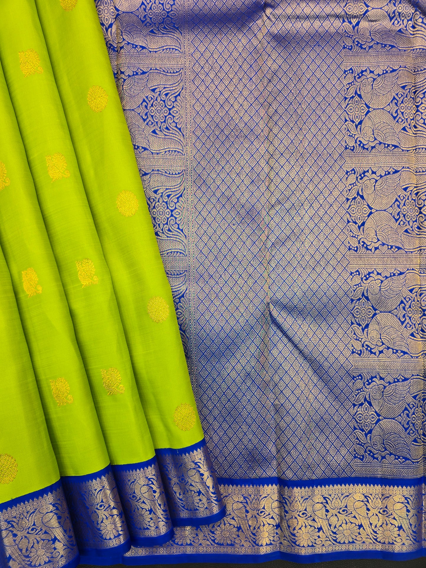 Parrot Green Kanchipuram Silk Saree with Royal Blue Border Zari Pallu Bridal Saree