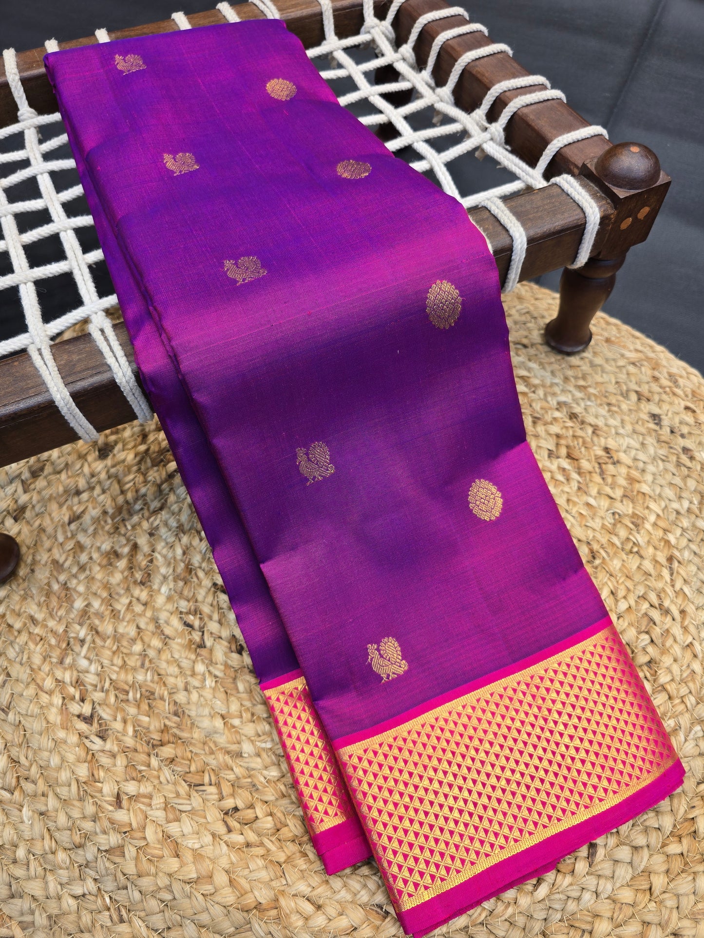 Purple Kanchipuram Silk Saree with Gold Zari Pallu Pink Border Bridal Saree
