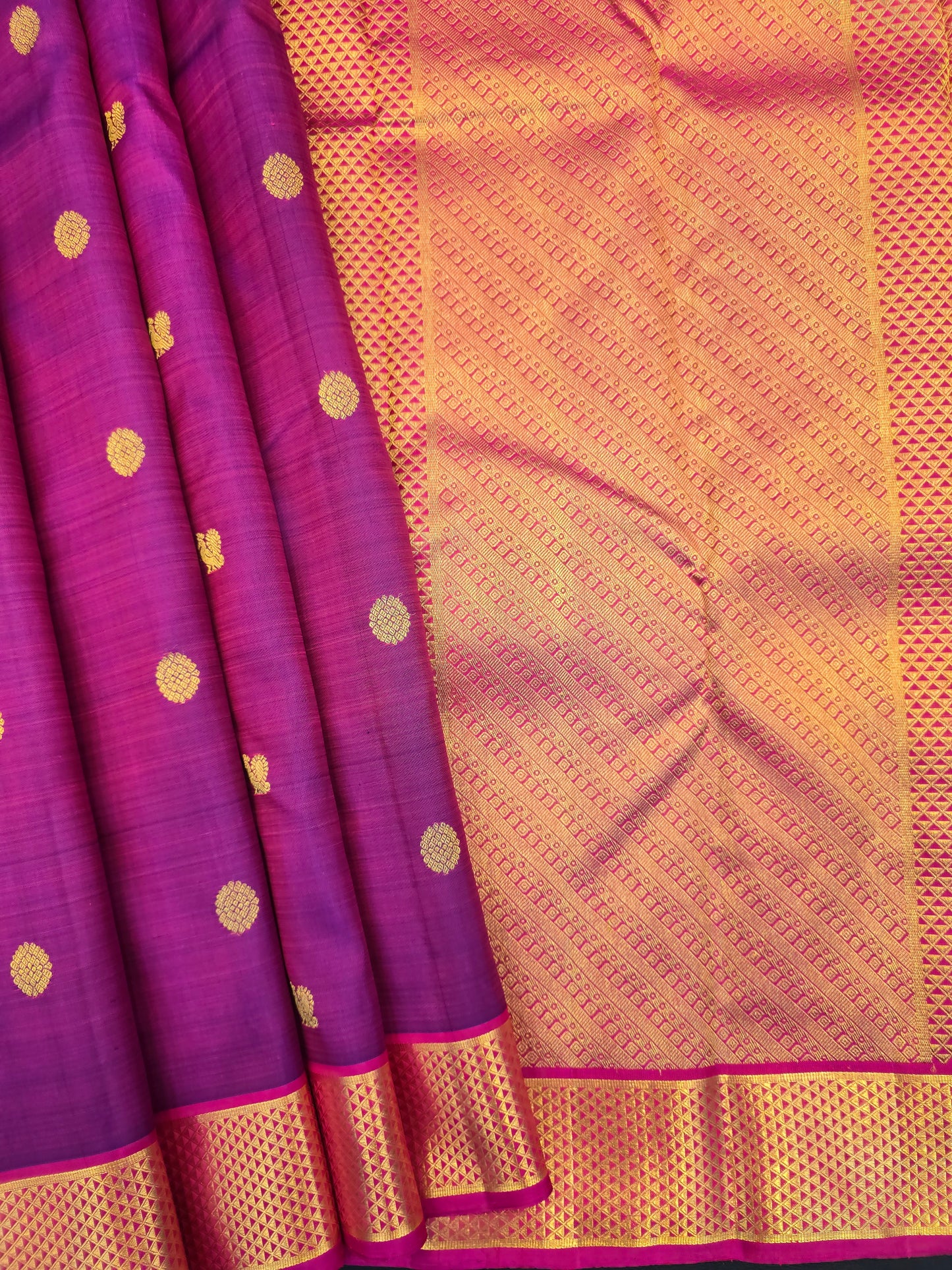 Purple Kanchipuram Silk Saree with Gold Zari Pallu Pink Border Bridal Saree