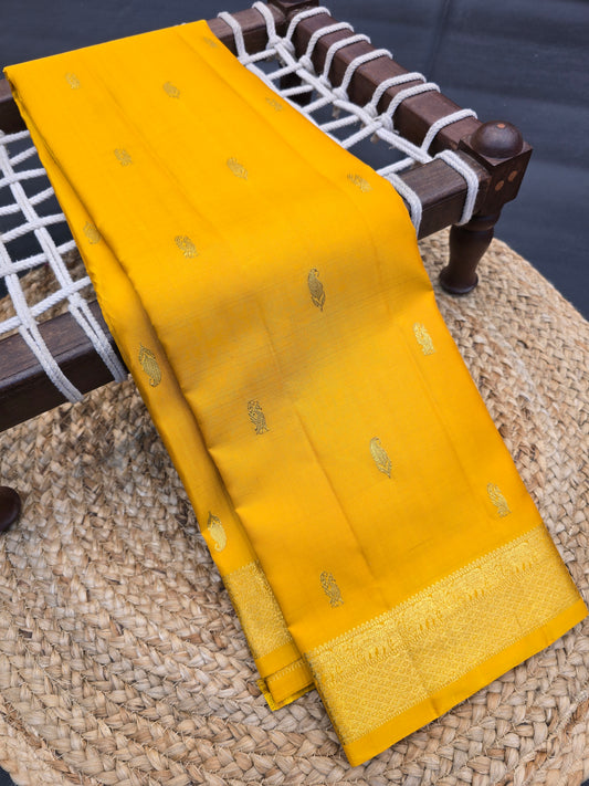 Kanchipuram Silk Saree Mustard Yellow with Zari Buttas Bridal Traditional Saree