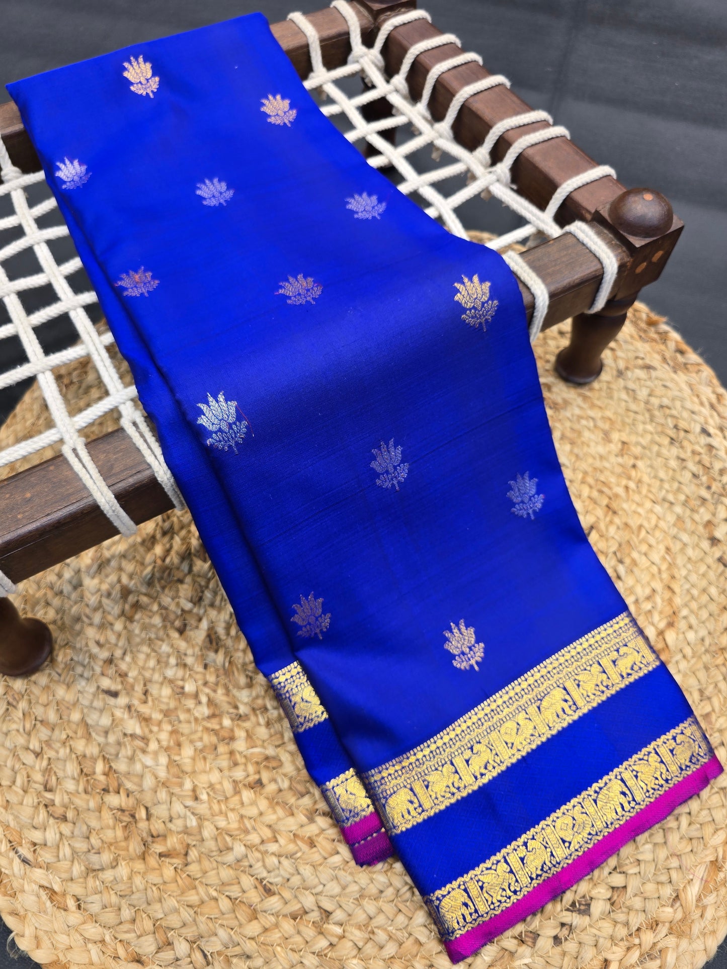Royal Blue Kanchipuram Silk Saree with Elephant Border Gold Zari Bridal Saree
