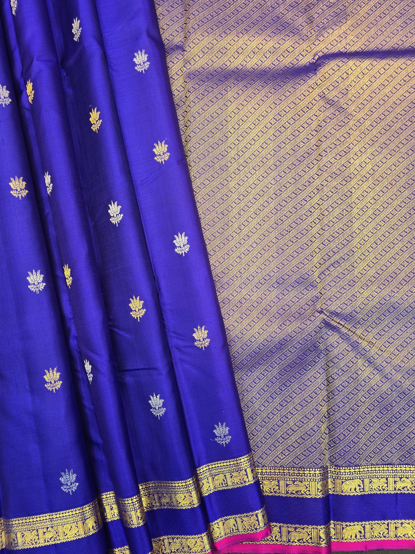 Royal Blue Kanchipuram Silk Saree with Elephant Border Gold Zari Bridal Saree