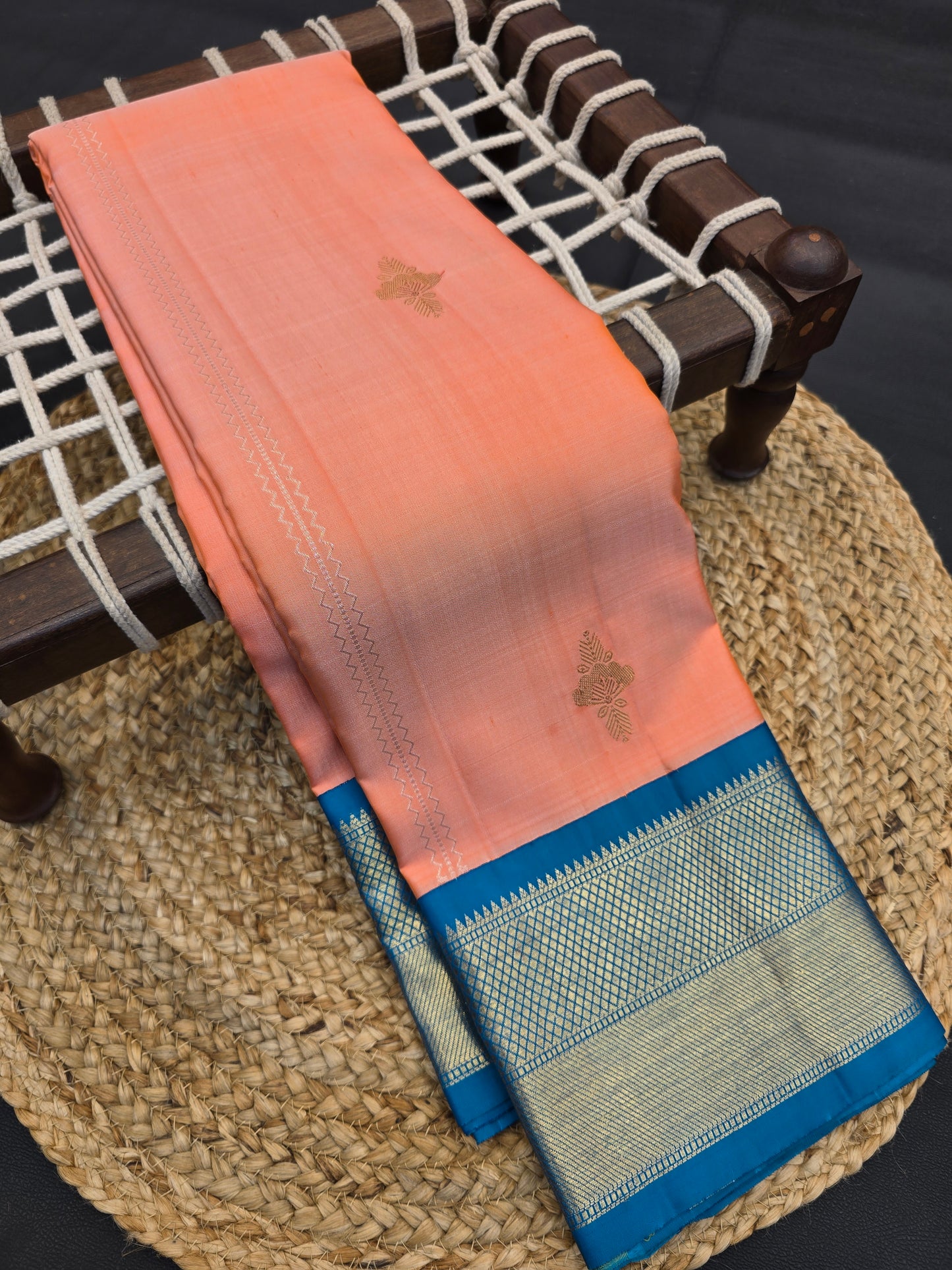 Peach Kanchipuram Silk Saree with Blue Border Gold Zari Traditional Saree