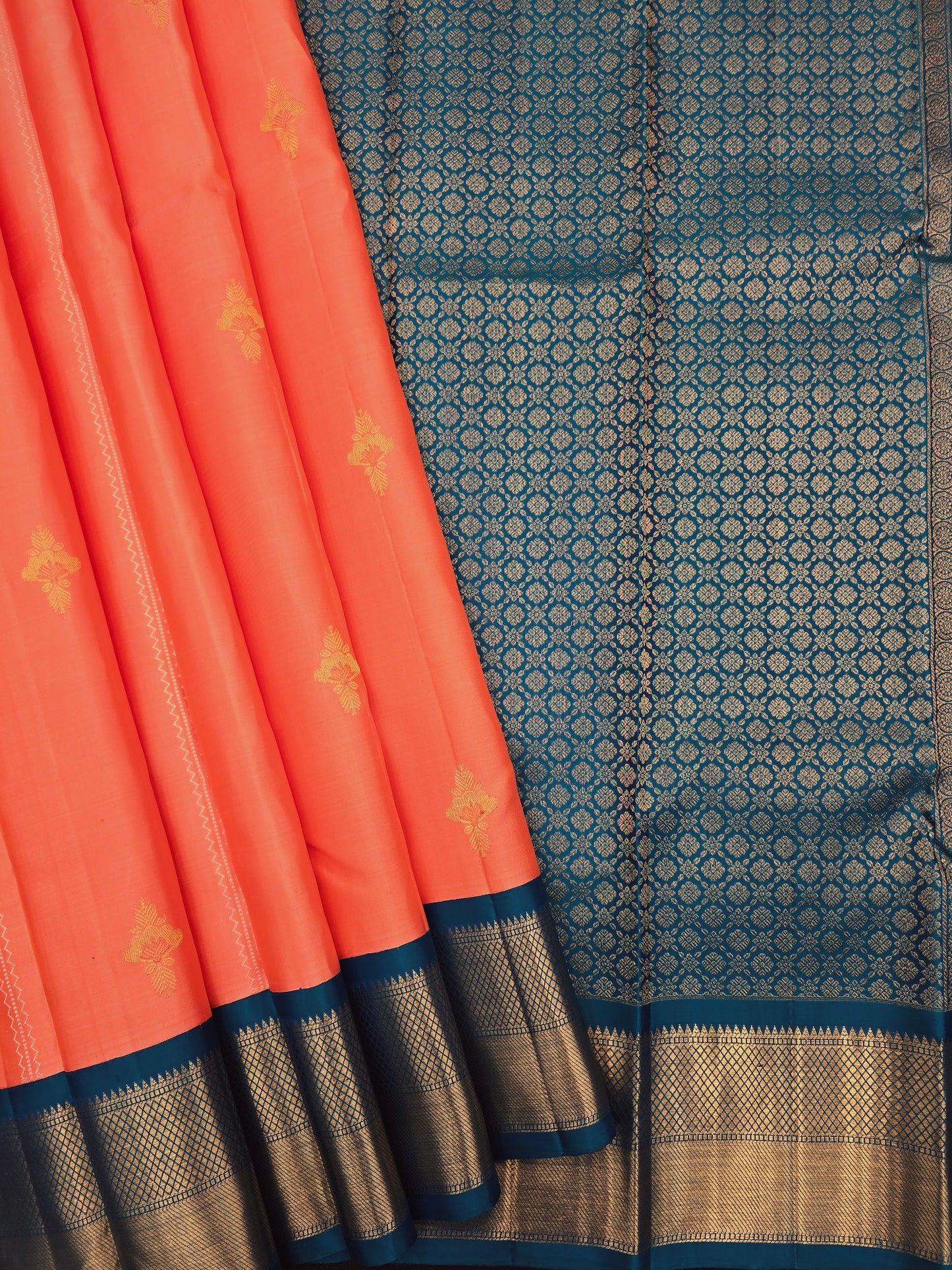 Peach Kanchipuram Silk Saree with Blue Border Gold Zari Traditional Saree