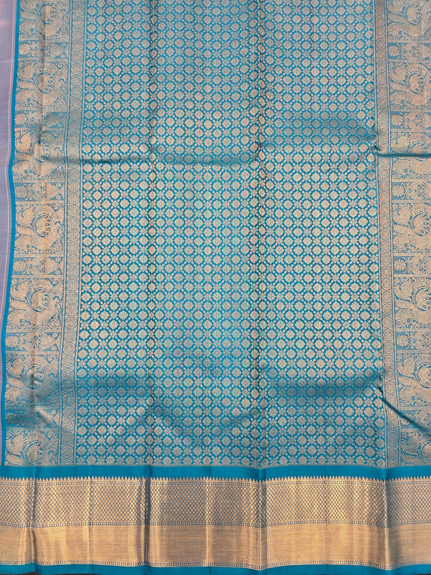 Peach Kanchipuram Silk Saree with Blue Border Gold Zari Traditional Saree
