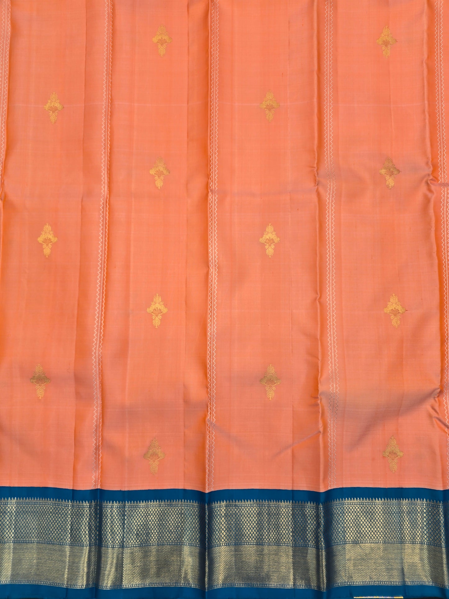 Peach Kanchipuram Silk Saree with Blue Border Gold Zari Traditional Saree