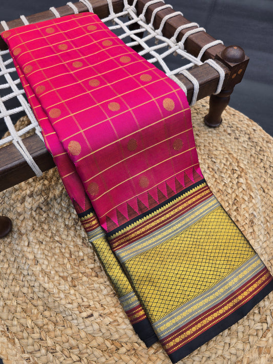 Rani Pink Kanchipuram Silk Saree with Zari Checks Contrast Border Bridal Saree