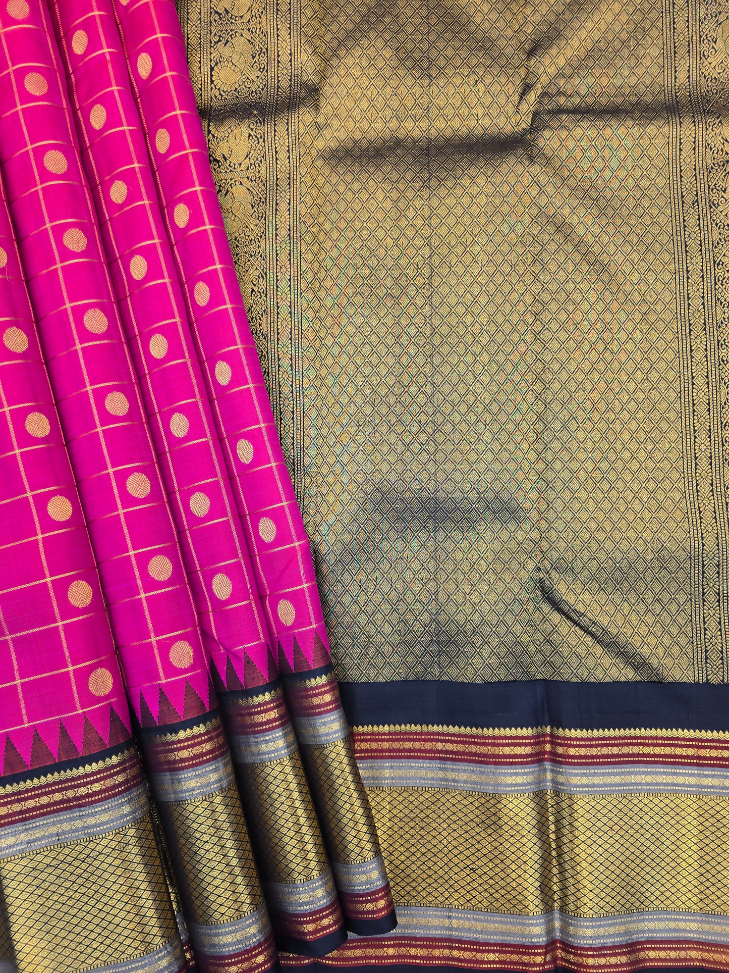 Rani Pink Kanchipuram Silk Saree with Zari Checks Contrast Border Bridal Saree