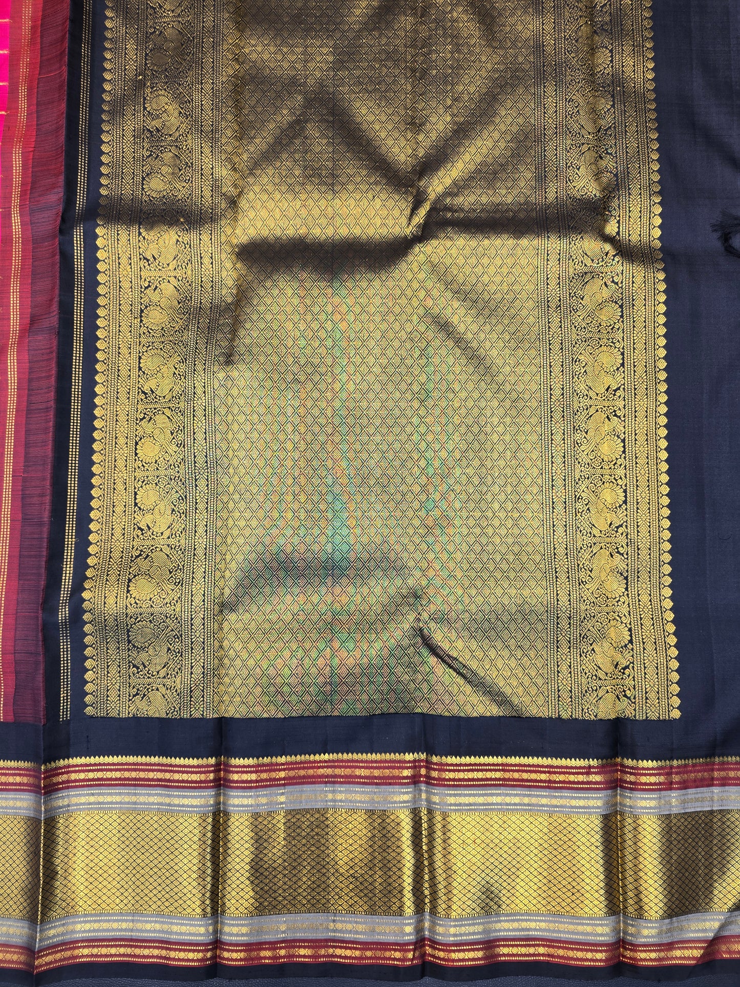 Rani Pink Kanchipuram Silk Saree with Zari Checks Contrast Border Bridal Saree
