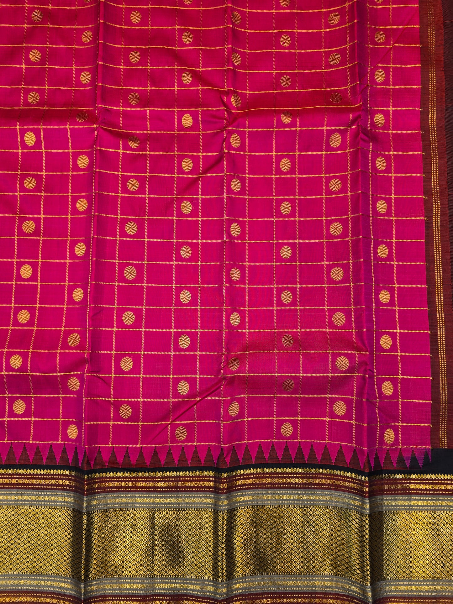 Rani Pink Kanchipuram Silk Saree with Zari Checks Contrast Border Bridal Saree