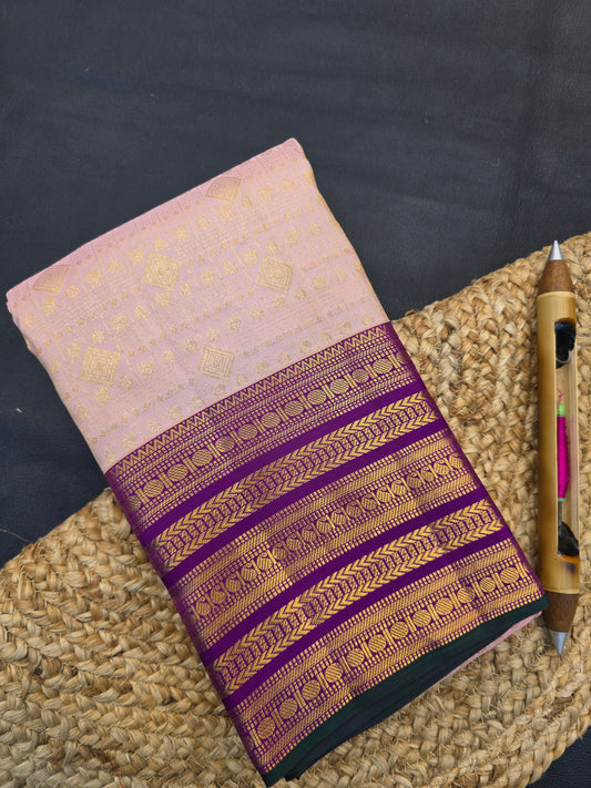 Peach Kanchipuram Silk Saree with Purple Zari Border Bridal Traditional Saree