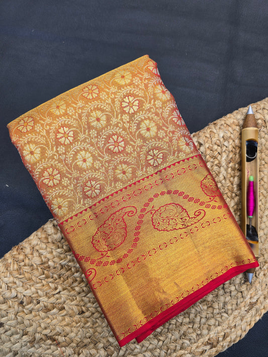 Copper Beige Kanchipuram Silk Saree with Red Korvai Border Bridal Traditional Saree