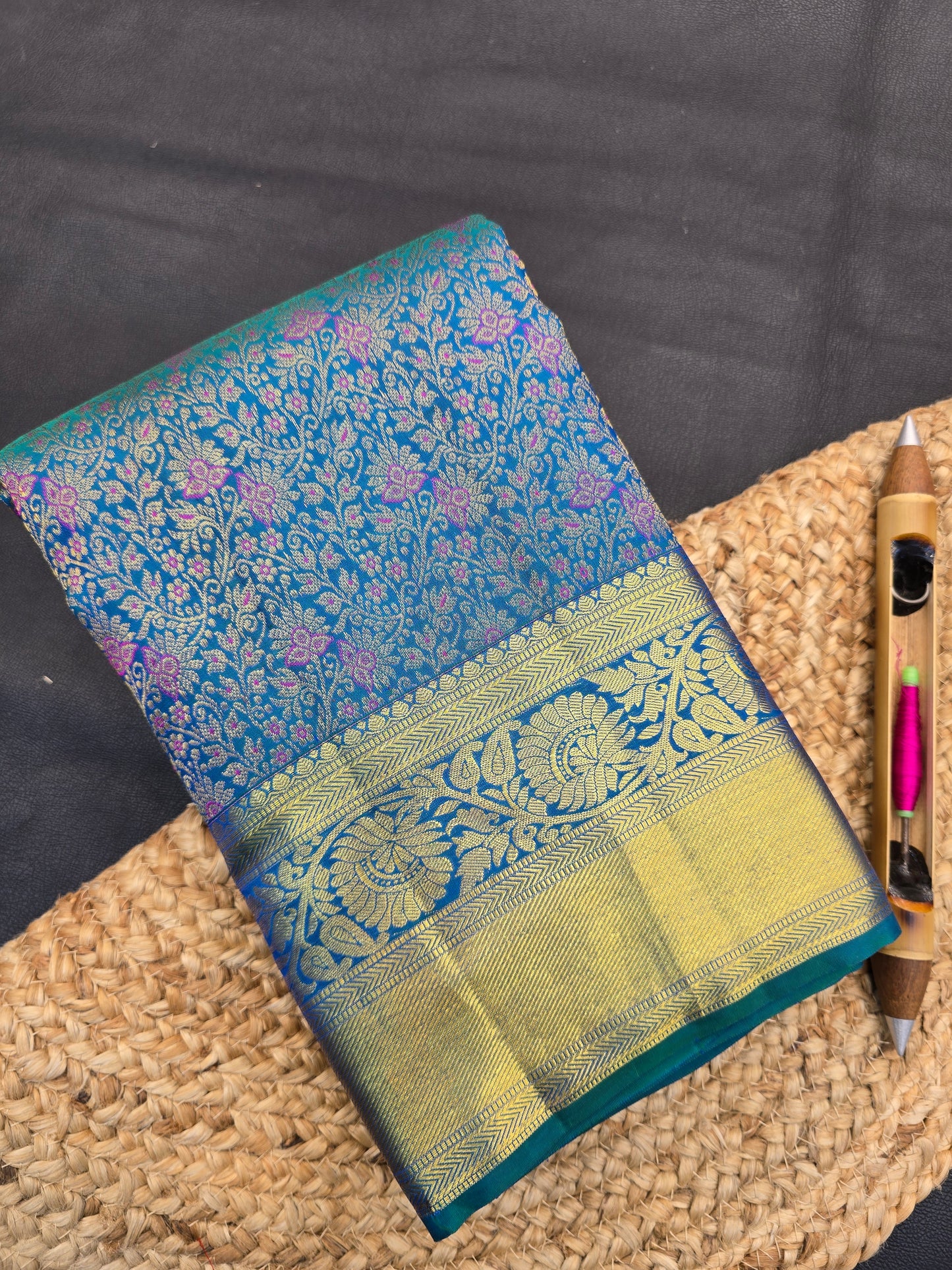 Teal Blue Kanchipuram Silk Saree with Royal Blue Korvai Border Bridal Traditional Saree