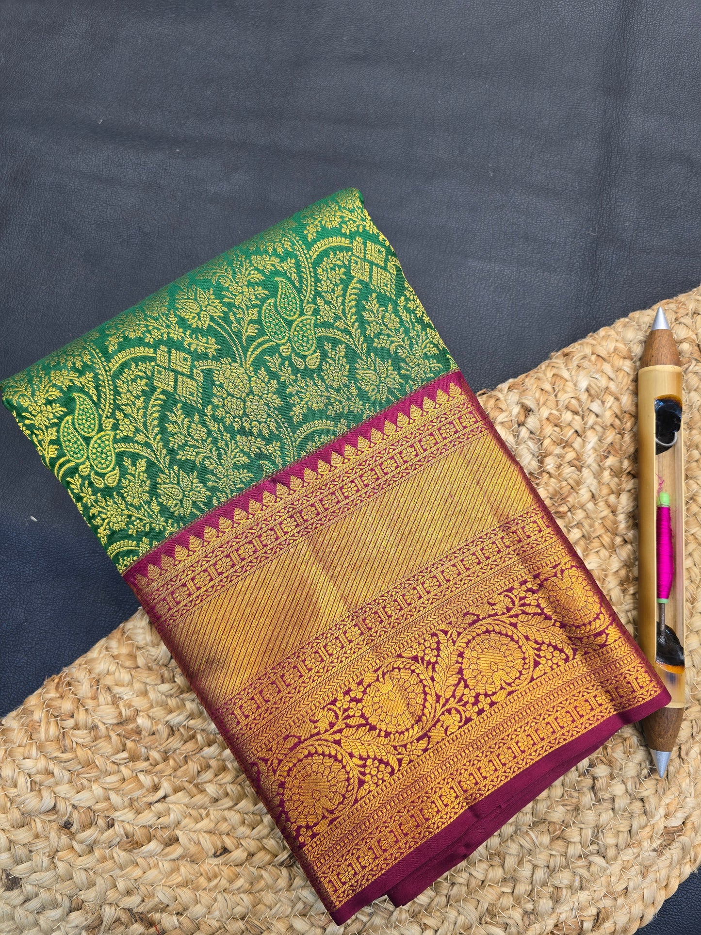 Green Kanchipuram Silk Saree with Maroon Korvai Border Bridal Traditional Saree