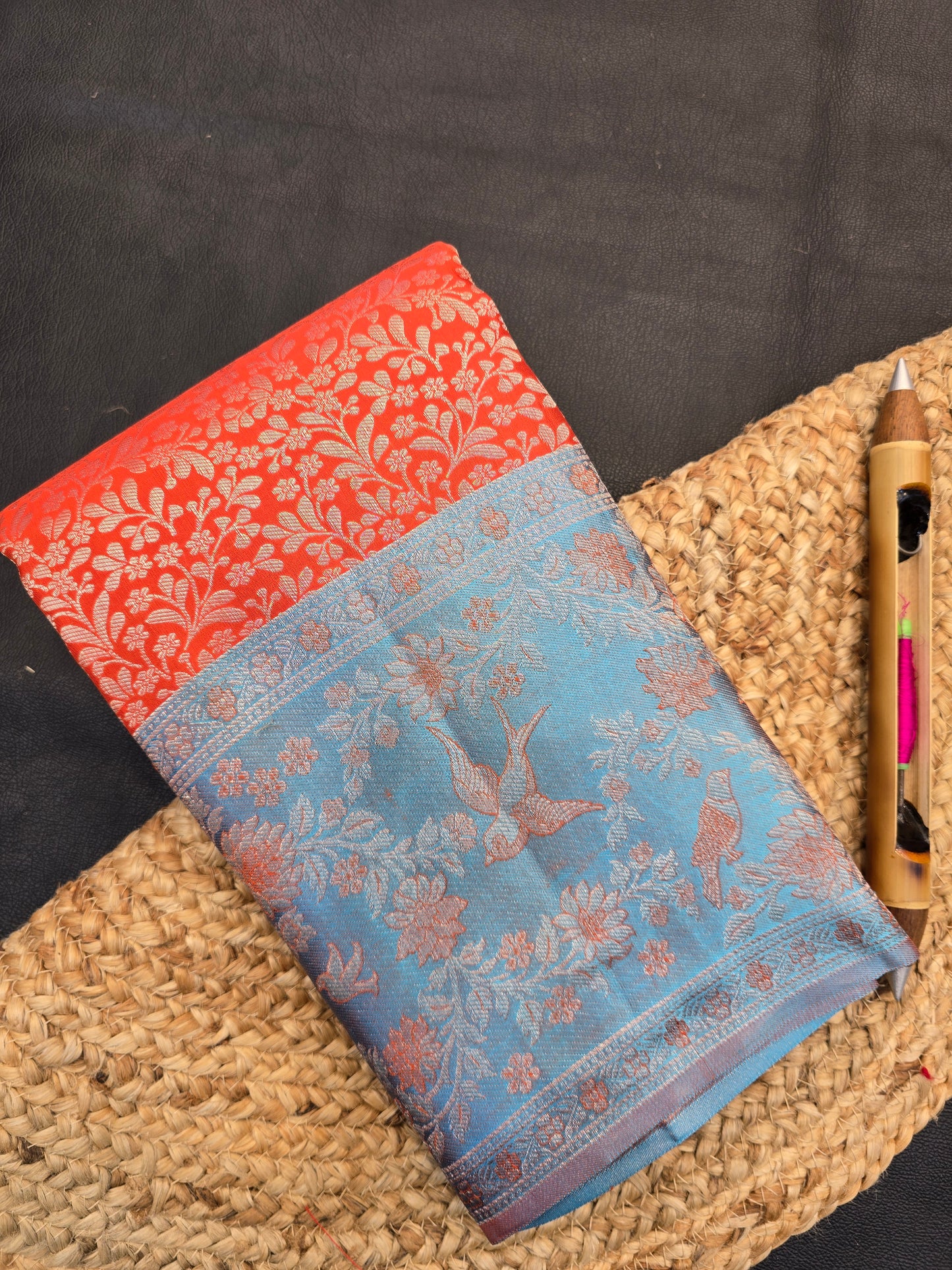 Reddish Orange Kanchipuram Silk Saree with Blue Contrast Pallu Traditional Bridal Saree