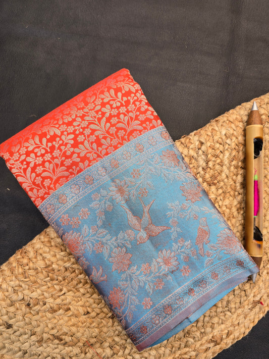 Reddish Orange Kanchipuram Silk Saree with Blue Contrast Pallu Traditional Bridal Saree