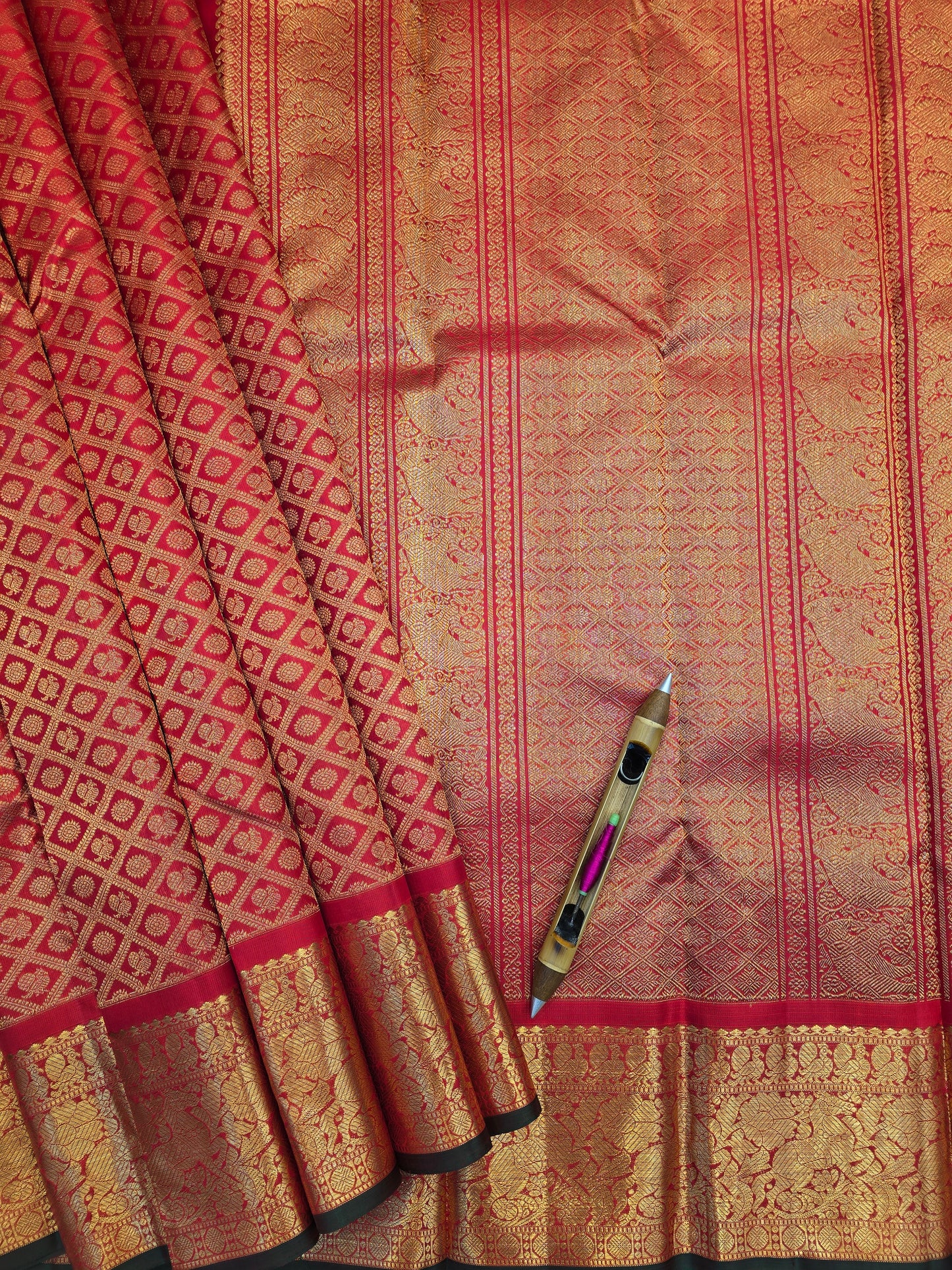 Red Kanchipuram Silk Saree with Elephant Zari Border Traditional Bridal Saree
