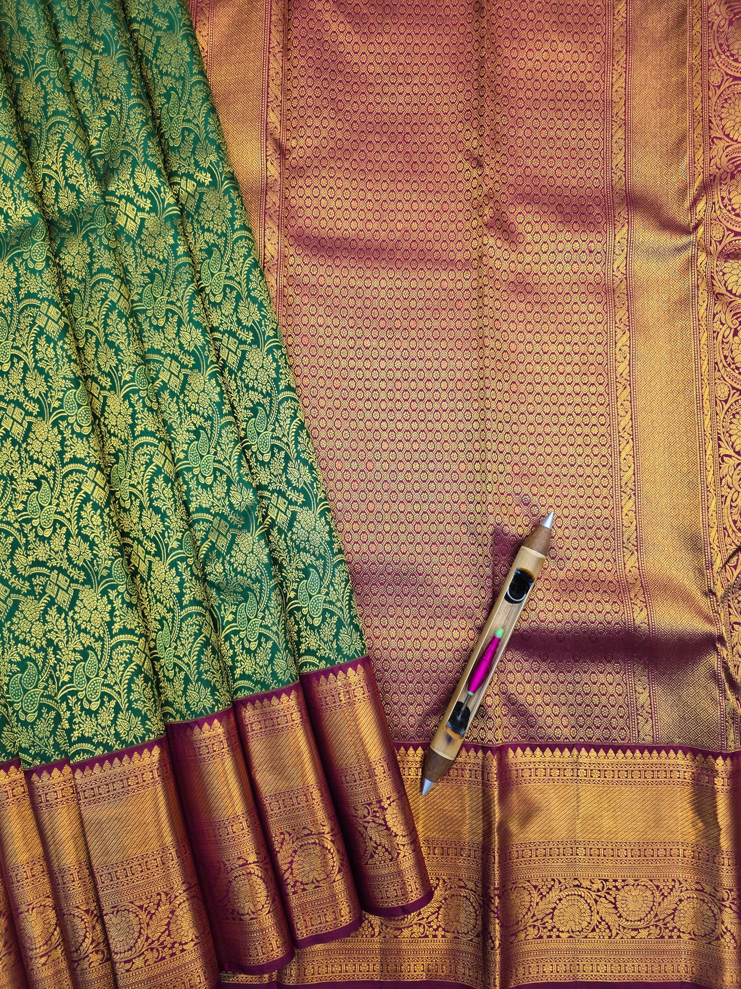 Green Kanchipuram Silk Saree with Maroon Korvai Border Bridal Traditional Saree