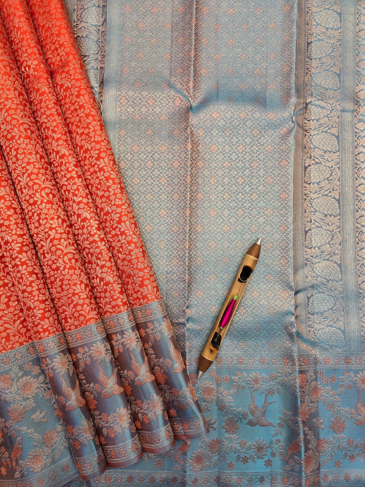 Reddish Orange Kanchipuram Silk Saree with Blue Contrast Pallu Traditional Bridal Saree