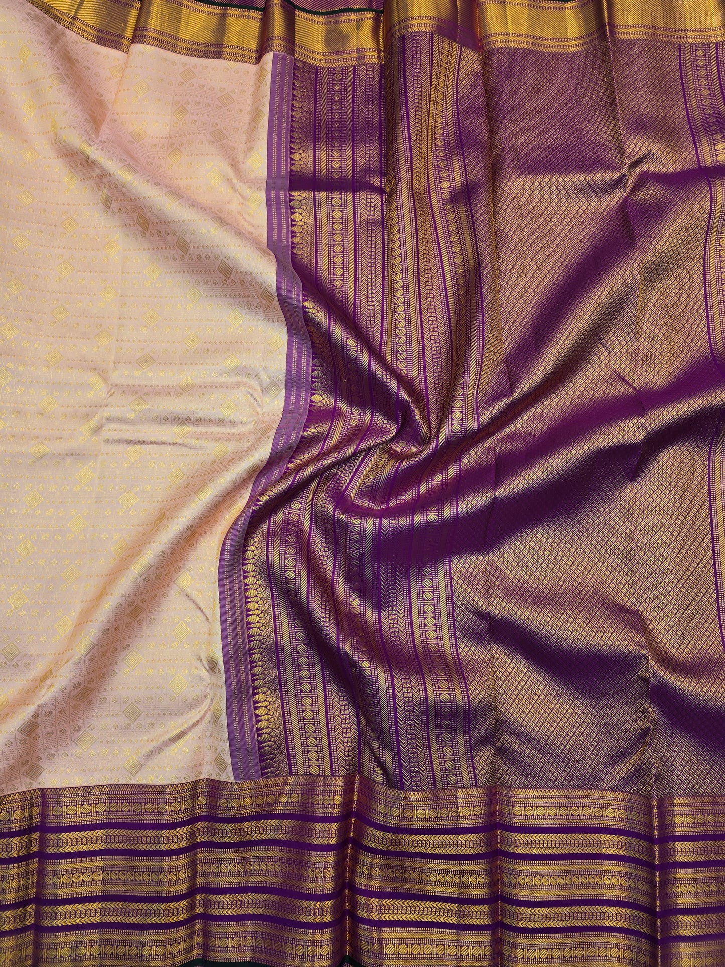 Peach Kanchipuram Silk Saree with Purple Zari Border Bridal Traditional Saree
