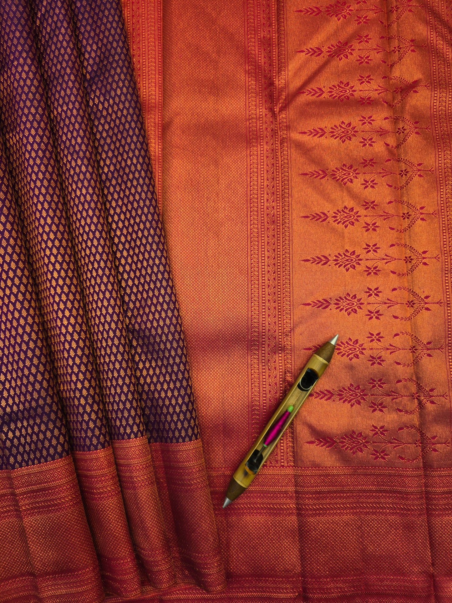 Purple Kanchipuram Silk Saree with Rani Pink Korvai Border Bridal Traditional Saree