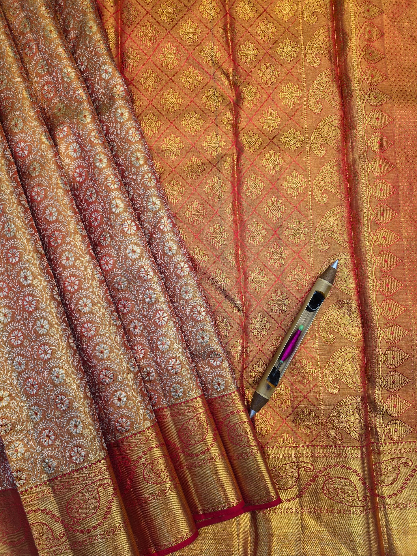 Copper Beige Kanchipuram Silk Saree with Red Korvai Border Bridal Traditional Saree