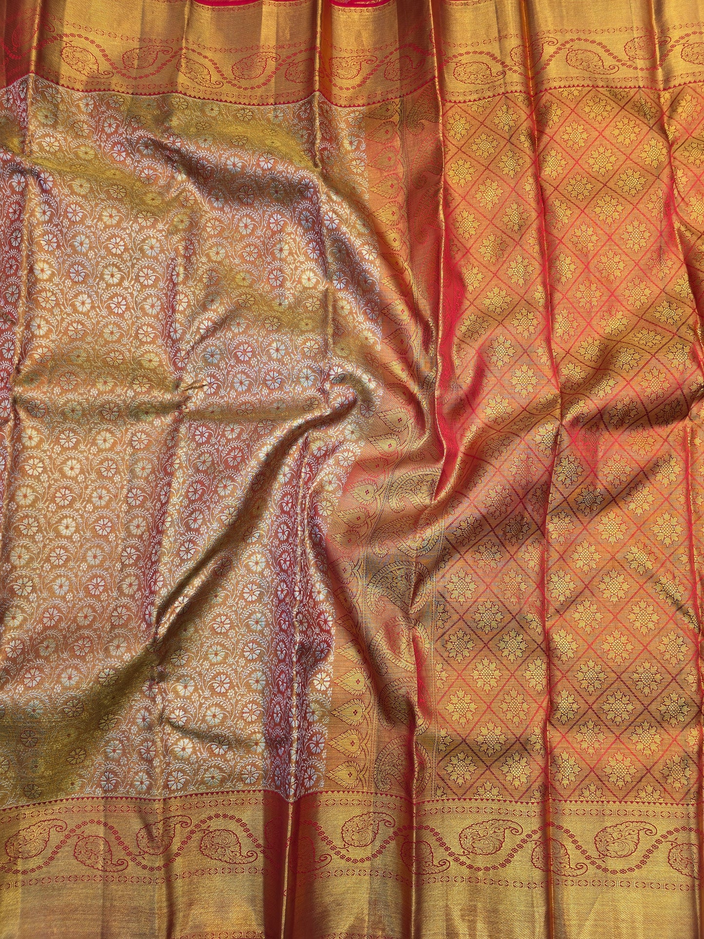 Copper Beige Kanchipuram Silk Saree with Red Korvai Border Bridal Traditional Saree