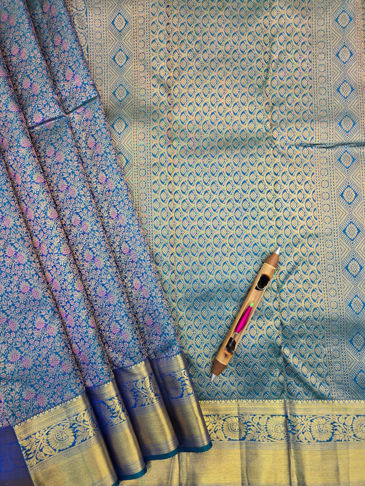 Teal Blue Kanchipuram Silk Saree with Royal Blue Korvai Border Bridal Traditional Saree