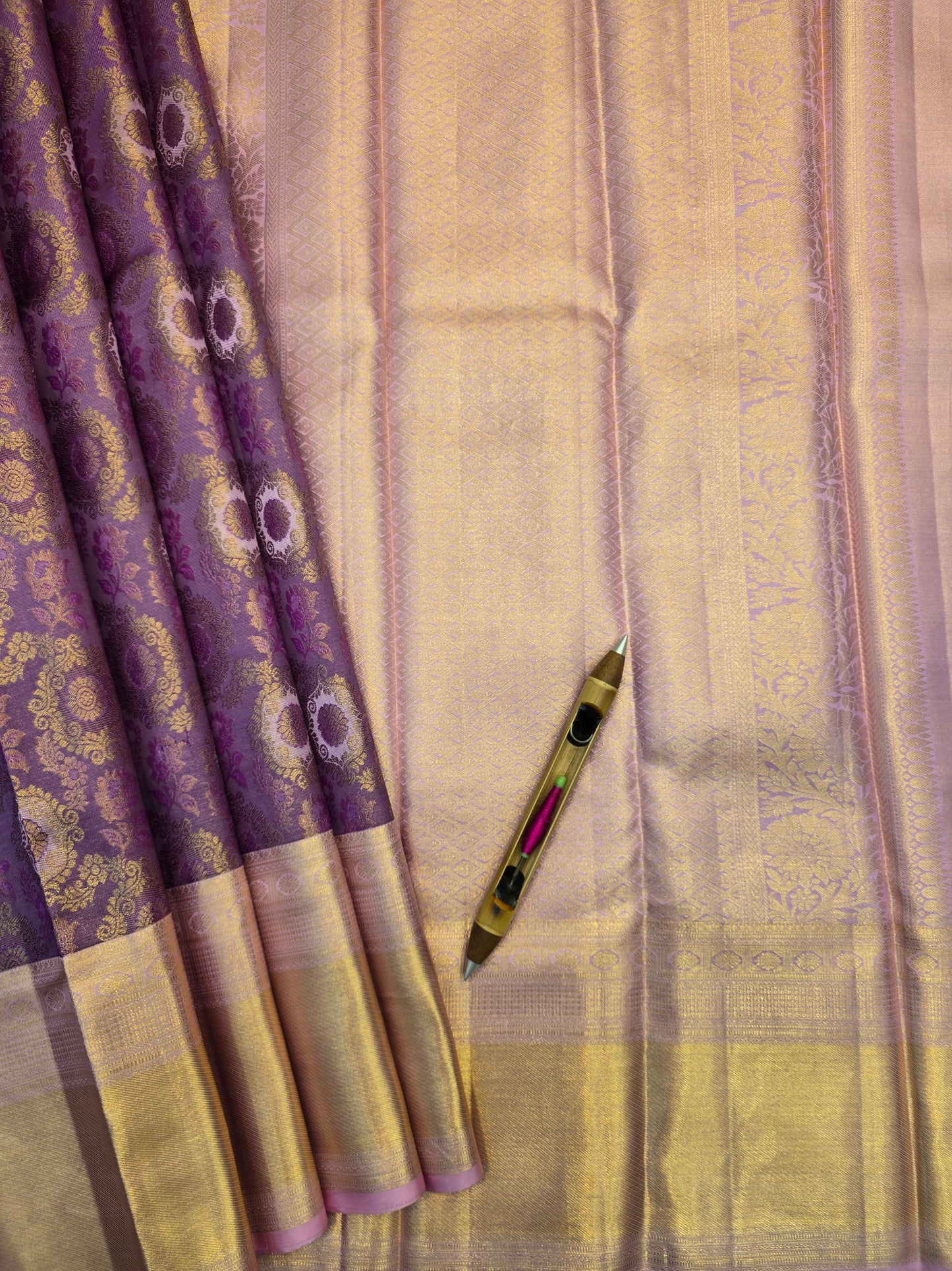 Golden Purple Kanchipuram Silk Saree with Lavender Korvai Border Bridal Traditional Saree