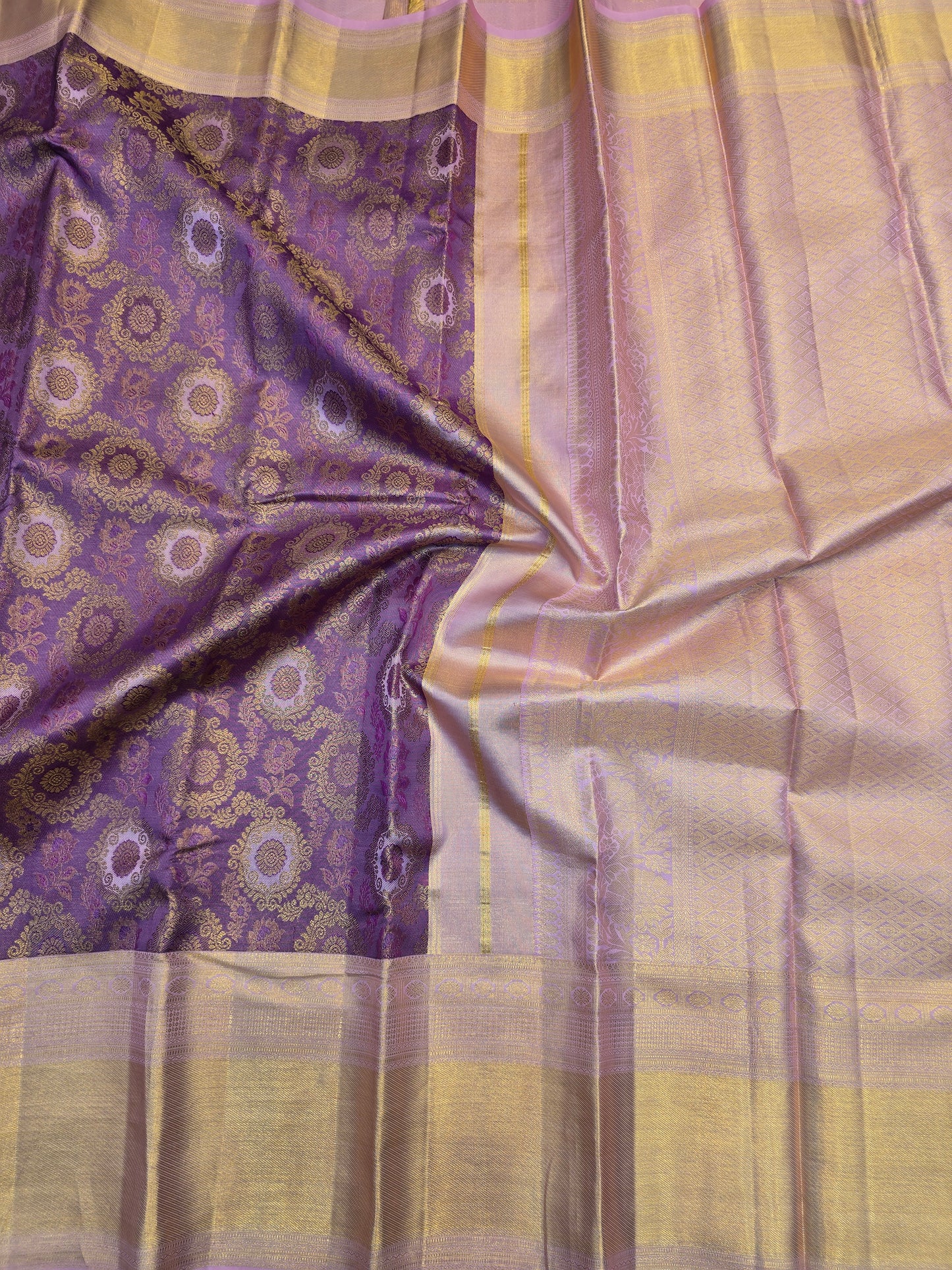 Golden Purple Kanchipuram Silk Saree with Lavender Korvai Border Bridal Traditional Saree