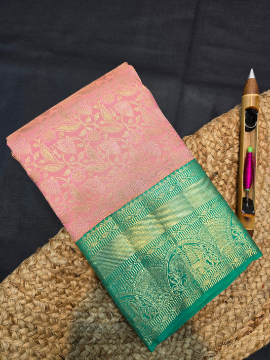 Pastel Pink Kanchipuram Silk Saree with Green Korvai Border Bridal Traditional Saree