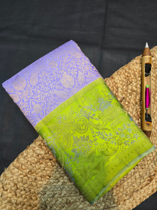Lavender Purple Kanchipuram Silk Saree with Green Zari Border Bridal Traditional Saree