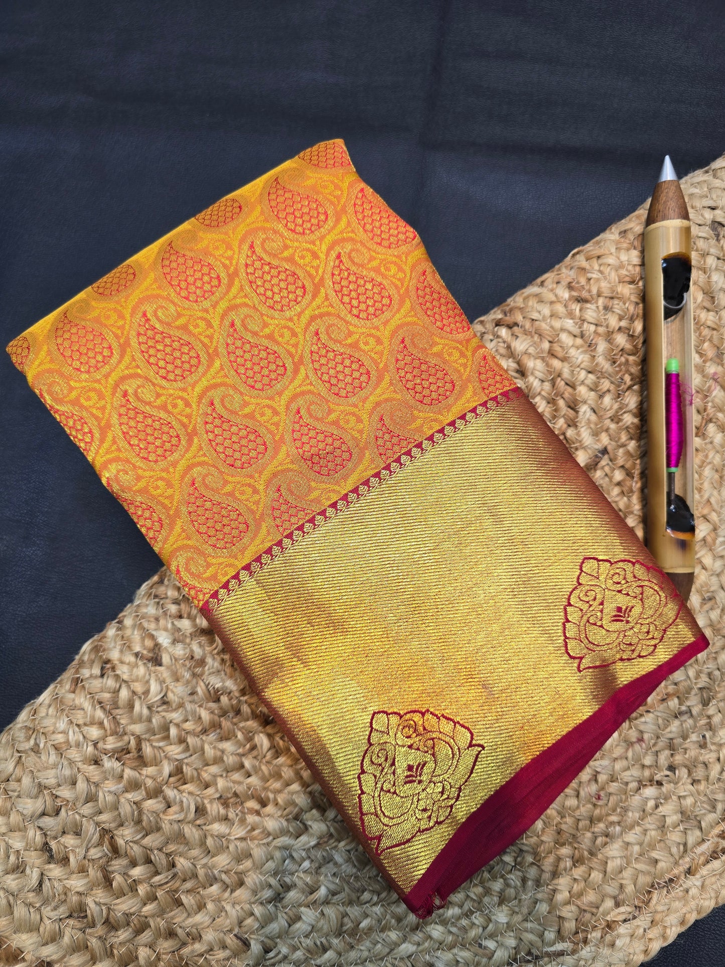 Mustard Gold Kanchipuram Silk Saree with Magenta Zari Pallu Bridal Traditional Saree