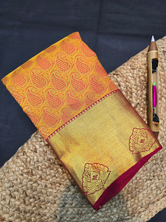 Mustard Gold Kanchipuram Silk Saree with Magenta Zari Pallu Bridal Traditional Saree