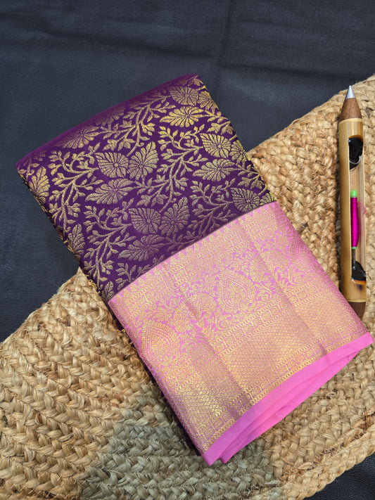 Purple Kanchipuram Silk Saree with Pink Zari Pallu Bridal Traditional Saree