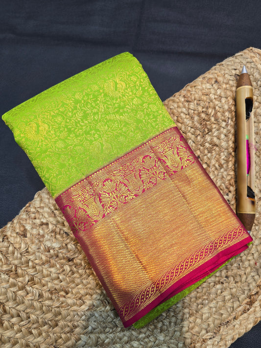 Parrot Green Kanchipuram Silk Saree with Magenta Zari Border Bridal Traditional Saree