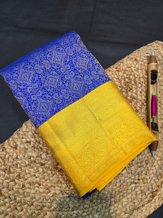 Royal Blue Kanchipuram Silk Saree with  Mustard Gold Zari  Border Bridal Traditional Saree