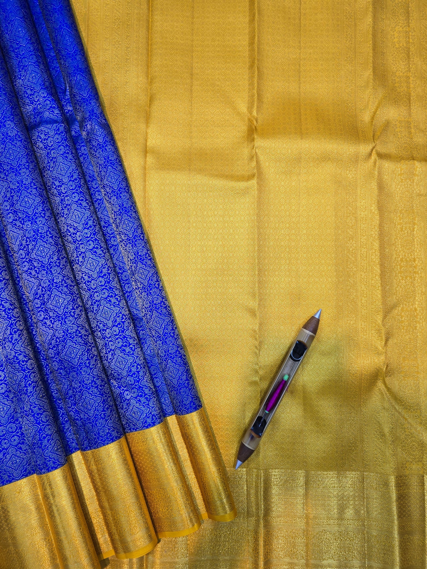 Royal Blue Kanchipuram Silk Saree with  Mustard Gold Zari  Border Bridal Traditional Saree